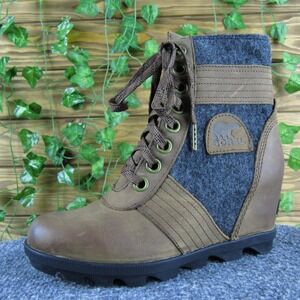 Sorel Lexie Felt Brown Leather Wedge Hidden Heel Lace Up Ankle Boots Women's 6.5